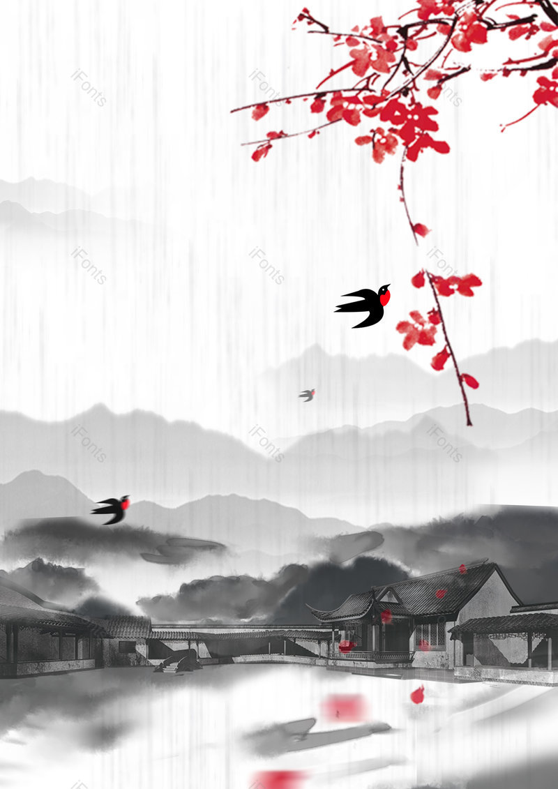 中国风意境江南山水惊蛰宣传背景,插画/手绘图,插画/手绘图库,插画/手绘图下载,插画/手绘
